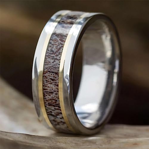 The Men's Jewelry Store (Unisex Jewelry) Deer Antler, 14k Yellow Gold Stripes 8mm Titanium Comfort-Fit Band Size 5.25