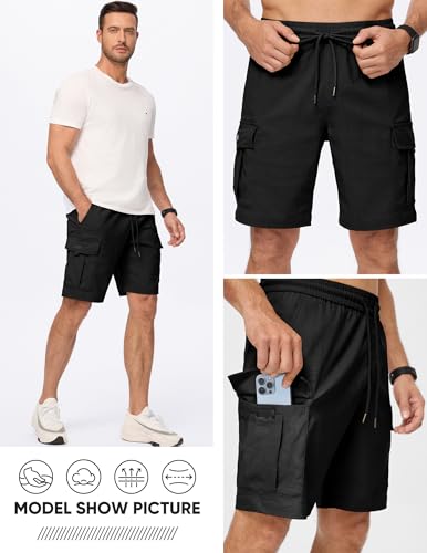 JMIERR Mens Stretch Cargo Shorts Cotton Classic Drawstring Relaxed Fit Extreme Motion Hiking Shorts, L,Black