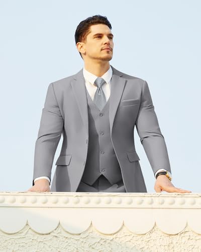Saruit Men's Suits Slim Fit Tuxedo Suit Set 3 Piece 2-Button Solid Prom Wedding Party Blazer Vest Pants Light Grey
