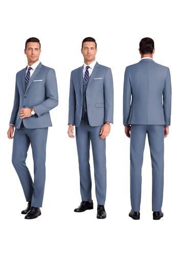 Mrbuerly Men Suit 3 Pieces Slim Fit, Denim Blue Prom Men's Suits Blazer Vest Pants Formal Wedding Groomsmen Jacket-XXL4640