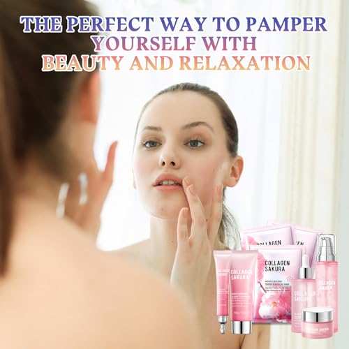 Sakura Skin Care Set,8 Pcs Hydrating Skincare Set Facial Kit for Women and Girls,Moisturizing Skin Care Kit with Facial Cleanser,Toner,Facial Serum,Face Masks,Eye Cream and Face Cream