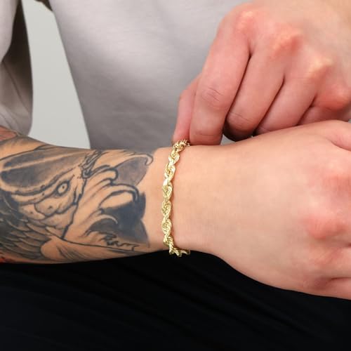 Nuragold 14k Real Yellow Gold Rope Chain Diamond Cut Mens Bracelet - 6mm - 8.5"