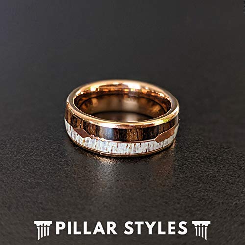 Rose Gold Ring Mens Wedding Band Arrow Deer Antler and Koa Wood Ring for Him Rustic Wood and Tungsten Rings for Men with Antler Inlay