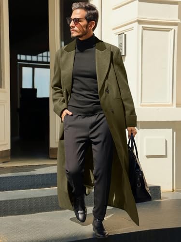 Runcati Mens Full Length Trench Coat Notched Lapel Long Jacket Double Breasted Classic Winter Overcoat