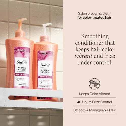Suave Keratin Infusion Color Care Conditioner for Color-Treated Hair, Anti Fade + 48HR Frizz Control, Smooths & Boosts Shine, 28 FL OZ Pump, 4 Count