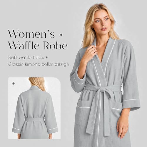 Inner Wish Women's Cotton Waffle Kimono Robe, Lightweight Quick Dry Spa Shower Robe with Pockets, GREY, M