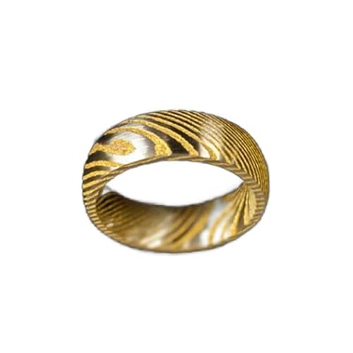 Thin 14K Gold Ring Damascus Wedding Bands 6mm Yellow Gold Damascus Rings For Him 6mm/8mm Couples Ring Set Comfort Fit Silver Stainless Steel