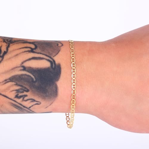 Nuragold 10K Real Yellow Gold Mariner Chain Solid Link Anchor Bracelet - 7.5",3mm