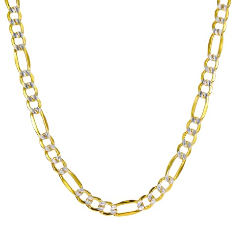 14k REAL Two Tone Gold Hollow Men's 6.5mm Bevelled Figaro 3+1 White Pave Chain Bracelet with Lobster Claw Clasp - 8"