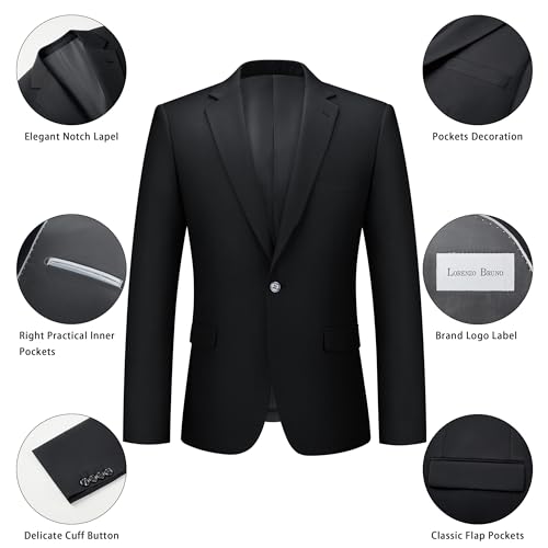 LORENZO BRUNO Mens Suit 2 Piece Black Suits for Men One Button Slim Fit Solid Jacket & Pants Tuxedo Set Business Wedding Party, Black, M