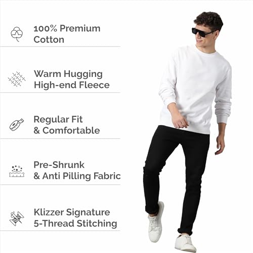 Klizzer Luxury Sweat Shirts, Men - Ultra Soft Men’s Fleece Pullover - 100% Cotton Sweatshirts - Warm Regular Fit - Plain Crewneck Top for Adults (White, L)