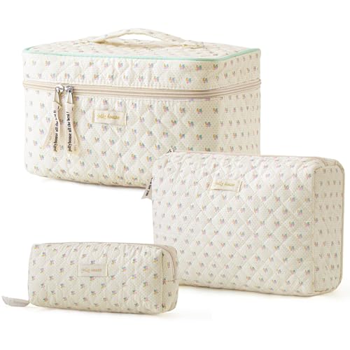HBselect Quilted Makeup Bag, 3Pcs Cotton Large Travel Makeup Bags Organizer