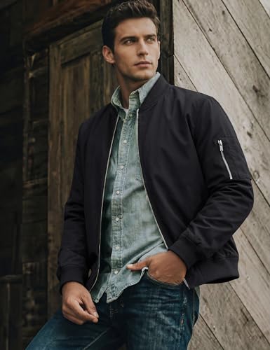 TACVASEN Bomber Jacket Men Black Jacket Lightweight Men's Bomber Jackets Lightweight Windbreaker Spring Fall Men's Casual Jacket Outdoor Windbreaker