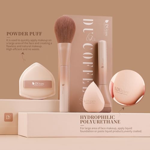 DUcare 14pcs Makeup Gift Set,12Pcs Coffee Series Makeup Brush set with 2pcs Makeup Sponges Foundation Blending Face Powder Blush Eye Shadows Brushes