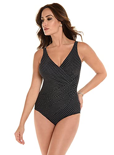 Miraclesuit Women's Swimwear Pin Point Oceanus Tummy Control V-Neckline One Piece Swimsuit, Black/White, 12