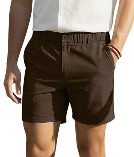 RQP Men's Cotton Casual Shorts Classic-fit 5" Chino Shorts Elastic Waist Daily Wear Dress Shorts Baech Summer Shorts,Coffee