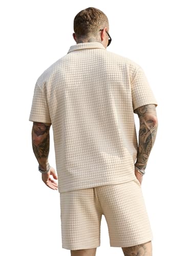 JEMLDL Men's Short Sets 2 Piece Polo Shirt Summer Outfits Casual Fashion Jogging Track Suits Short Sleeve Travel Sweatsuit Light Khaki Large