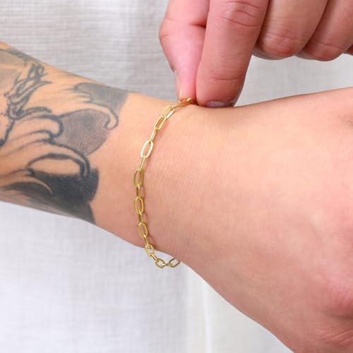 Nuragold 14k Real Yellow Gold 3mm Paperclip Chain Cable Link Bracelet - 8"
