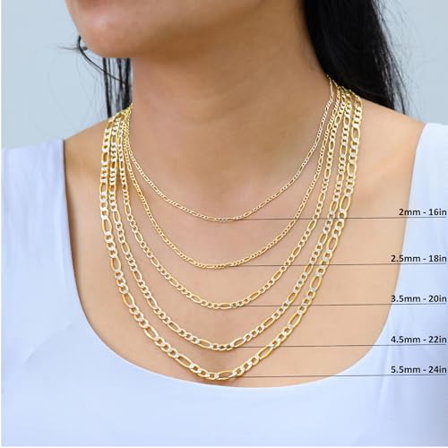 Nuragold 10k Real Yellow Gold Figaro Link Pave Diamond Cut Chain Necklace - 22",4.5mm