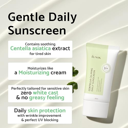 IUNIK Centella Calming Moisture Daily Sunscreen SPF 50+ PA++++ Matte & No White Cast Centella Asiatica Dry Oily Sensitive Vegan Korean Skincare