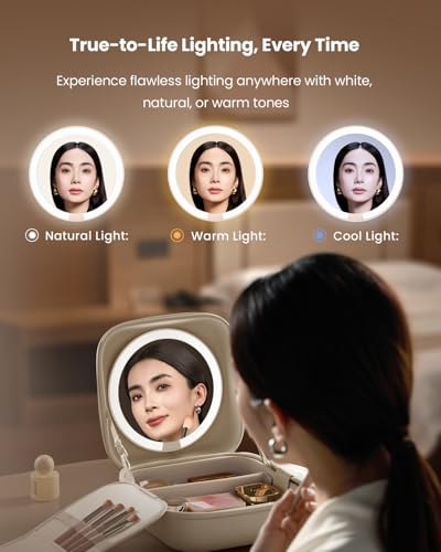AMIRO Travel Makeup Bag with Stepless Brightness&3 Color LED Mirror, White