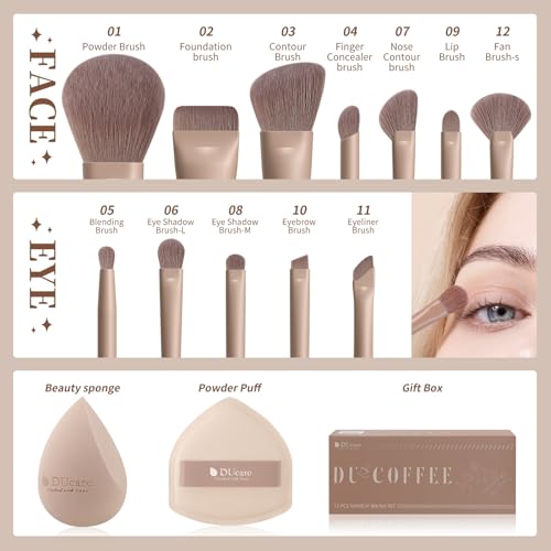 DUcare 14pcs Makeup Gift Set,12Pcs Coffee Series Makeup Brush set with 2pcs Makeup Sponges Foundation Blending Face Powder Blush Eye Shadows Brushes