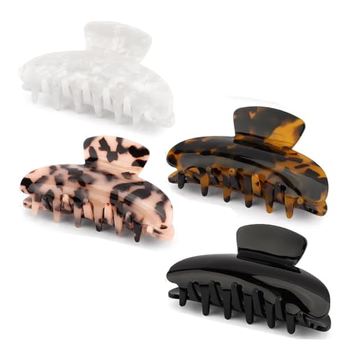 4 PCS Premium Durable Hair Claw Clips, Medium Acetate Tortoise Shell Leopard Celluloid Non-Slip Strong Grip Jaw Clips, Fashion Strong Grip Banana Hair Clips for Women Thin Thick Hair(3.74 x 2 in)