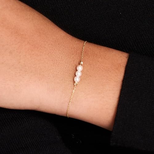 Gelin 10K Solid Gold Freshwater Pearl Bracelet for Women - Dainty Triple Pearl Station Bracelet