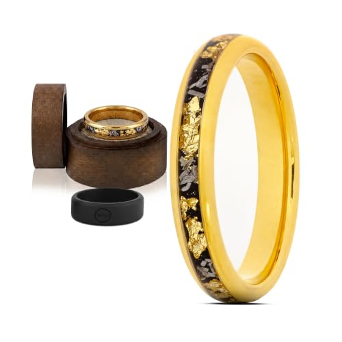 Gentlemen's Bands Gold Antler Men’s Tungsten Wedding Band 4mm Gold Ring with Deer Antler & Whiskey Barrel Wood Inlay | Rustic Comfort Fit Mens Ring | Unique Durable Wedding Band for Men