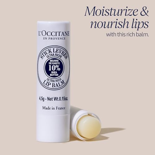 L'OCCITANE Ultra-Rich 10% Shea Butter Nourishing Lip Balm Stick: Moisturize Dry Lips, Twist Up, Softening, With Beeswax and Castor Oil, Silicone-Free
