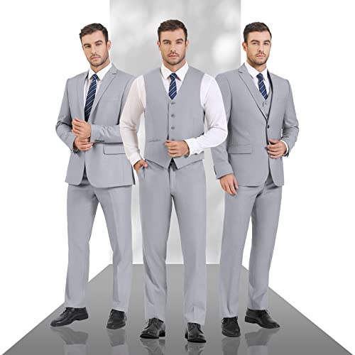 Cooper & Nelson 3 Piece Grey Mens Suit Set 2 Button Slim Fit Suits for Men Business Wedding Party Tuxedo Jacket Vest Pants and Tie, Light Grey L
