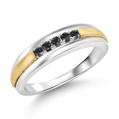 Gem Stone King Black Diamond Satin Finish Wedding Band Ring For Men | 925 Sterling Silver and 10K Yellow Gold | 0.17 Cttw | Round 2MM | Size 8