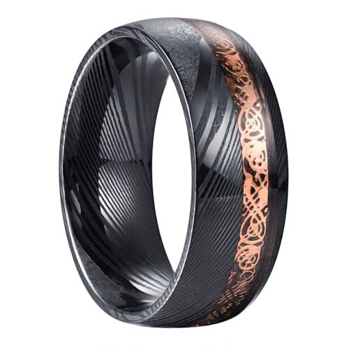 NUNCAD Black Damascus Ring Men 8mm Rose Gold Celtic Dragon Inlay Engagement Wedding Band Domed Comfort Fit Size 10