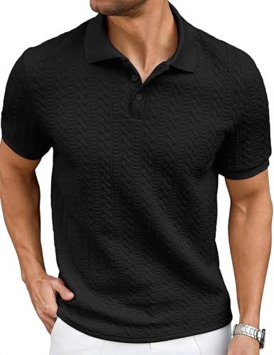 JMIERR Polo Shirts for Men Classic Fit Casual Ribbed Button Down Shirt Quiet Luxury Clothes Casual Collared Shirt, US43(L), Black