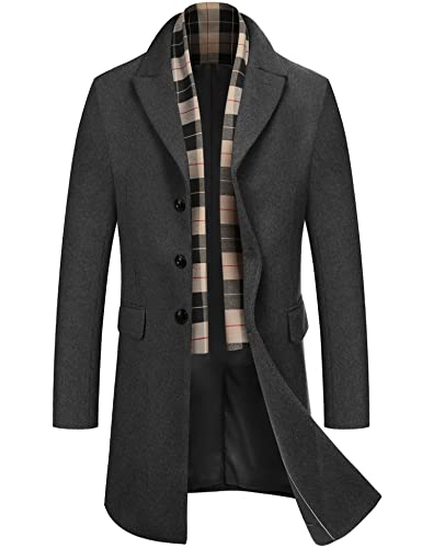 COOFANDY Men's Luxury Mid-Length Wool Trench Coat Regular Fit Warm Woolen Lining Wool Overcoat (Grey XXL)