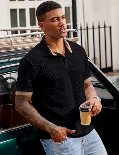 JMIERR Polo Shirts for Men Classic Fit Short Sleeve Casual Soft Button Old Money Textured Cable Knit Quiet Luxury Shirt, XL, Black