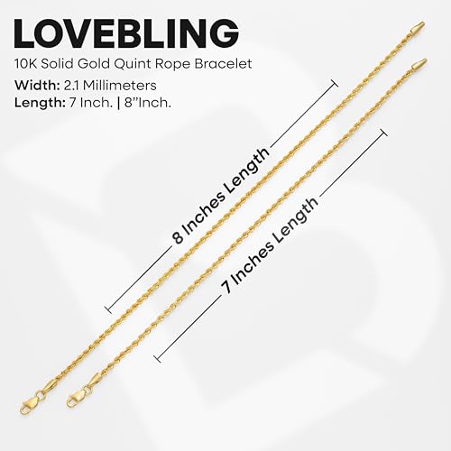 LoveBling 10K Italy Standard Fine Solid Gold Quint Rope Bracelet Width: 2.1 mm (7, Inches)