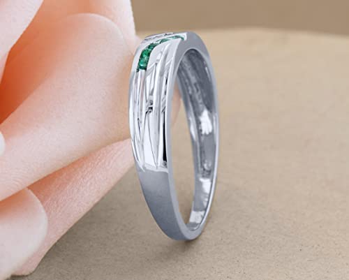 Dazzlingrock Collection Round Emerald & White Diamond Channel Set Wedding Band for Men in 14K Solid White Gold, Size 10