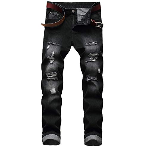 LZLER Men Black Jeans Destroyed Regular fit Mens Designer Jeans Young Fashion Revival Size 34