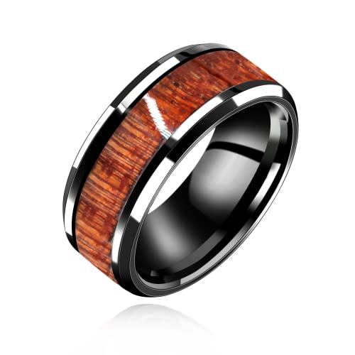 8mm Black Stainless Steel Wedding Band Wooden Inlay Engagement Rings for Men Y1539 (Black, size 10)