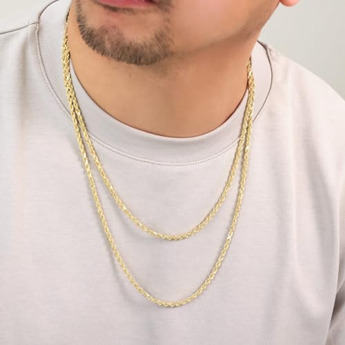 Nuragold 14k Real Yellow Gold Rope Chain Solid Diamond Cut Necklace - 3mm - 16"