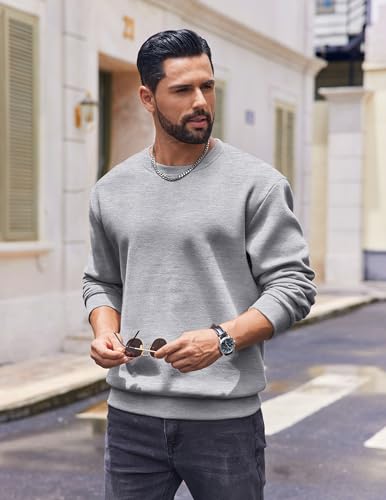 COOFANDY Men's Cotton Fleece Crewneck Sweatshirt Thick Loose fit Basic Pullover Sweat Shirt for Business Dressy Winter Light Grey