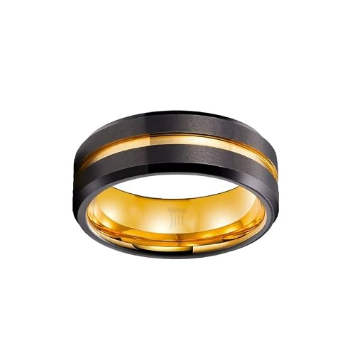 Pillar Styles Black and Gold Wedding Bands Unique 14K Yellow Gold Tungsten Rings for Men 8mm Black Beveled Edges Golden Groove Comfort Fit Ring for Him
