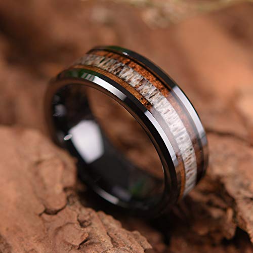 THREE KEYS JEWELRY 8mm Ceramic Couples Bands Rings with KOA Wood & Antler Inlay Promise Fashion Ring Wedding Band for Him and Her Men Marriage Promise Viking Size 10