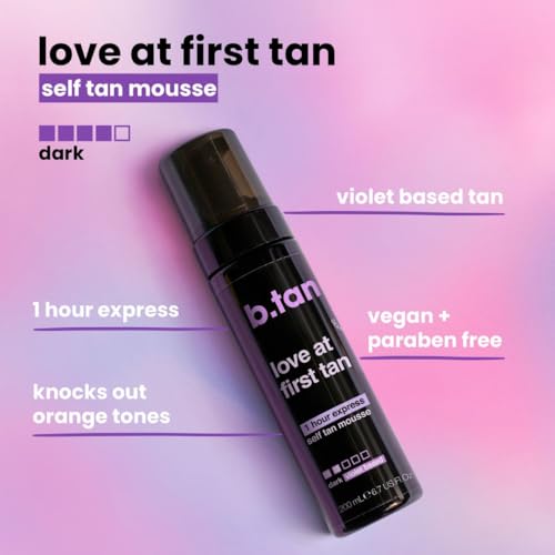b.tan Violet Base Self Tanner Mousse | Love At First Tan - Best, 1 Hour Express Sunless Tanning Foam, Cancels Orange Tones, Dark Bronzing Glow, No Fake Tan Smell, Face & Body, 6.7 Fl Oz