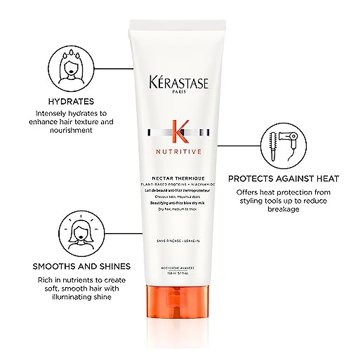 Kerastase Nectar Thermique Heat Protecting Cream - Anti-Frizz, Softness & Shine, Heat Protection, With Niacinamide, For Medium to Thick Dry Hair, 5.1 Fl Oz