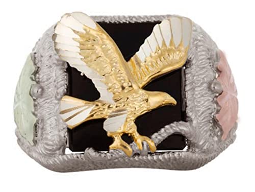 Men's 10k Yellow Gold Eagle Onyx Ring, Sterling Silver, 12k Green and Rose Gold Black Hills Gold, Size 11