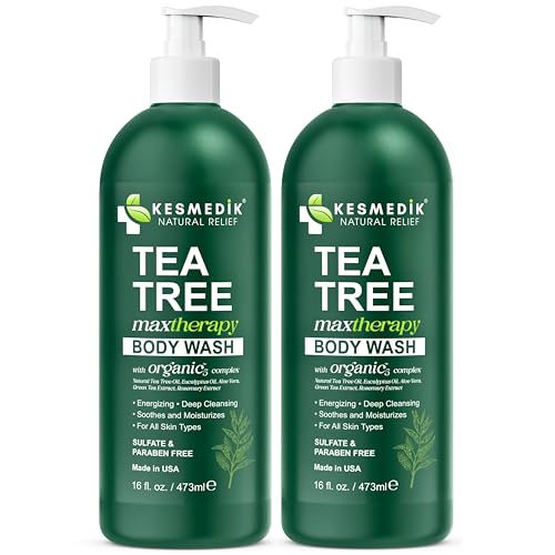 KESMEDIK Tea Tree Body Wash MaxTherapy with Eucalyptus, Aloe & 100% Tea Tree Oil for Skin, Cleans, Soothes and Refreshes Sensitive, Itchy Skin, Body & Foot Soap for Men & Women, 2-Pack