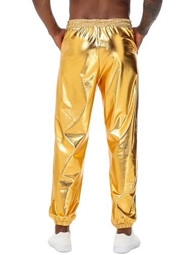 NewL Mens Gold Metallic Shiny Rave Night Club Pants Comfort Sweatpants Disco Dance Party Elastic Trousers (US, Alpha, Small, Regular, Regular, Gold)