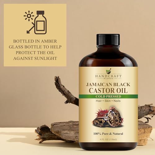 Handcraft Blends Cold-Pressed Jamaican Black Castor Oil 4 Fl Oz | Glass Bottle | Lash Brushes | 100% Pure and Natural | Premium Grade Carrier Oil | Hair, Eyelashes and Eyebrows | Hair and Body